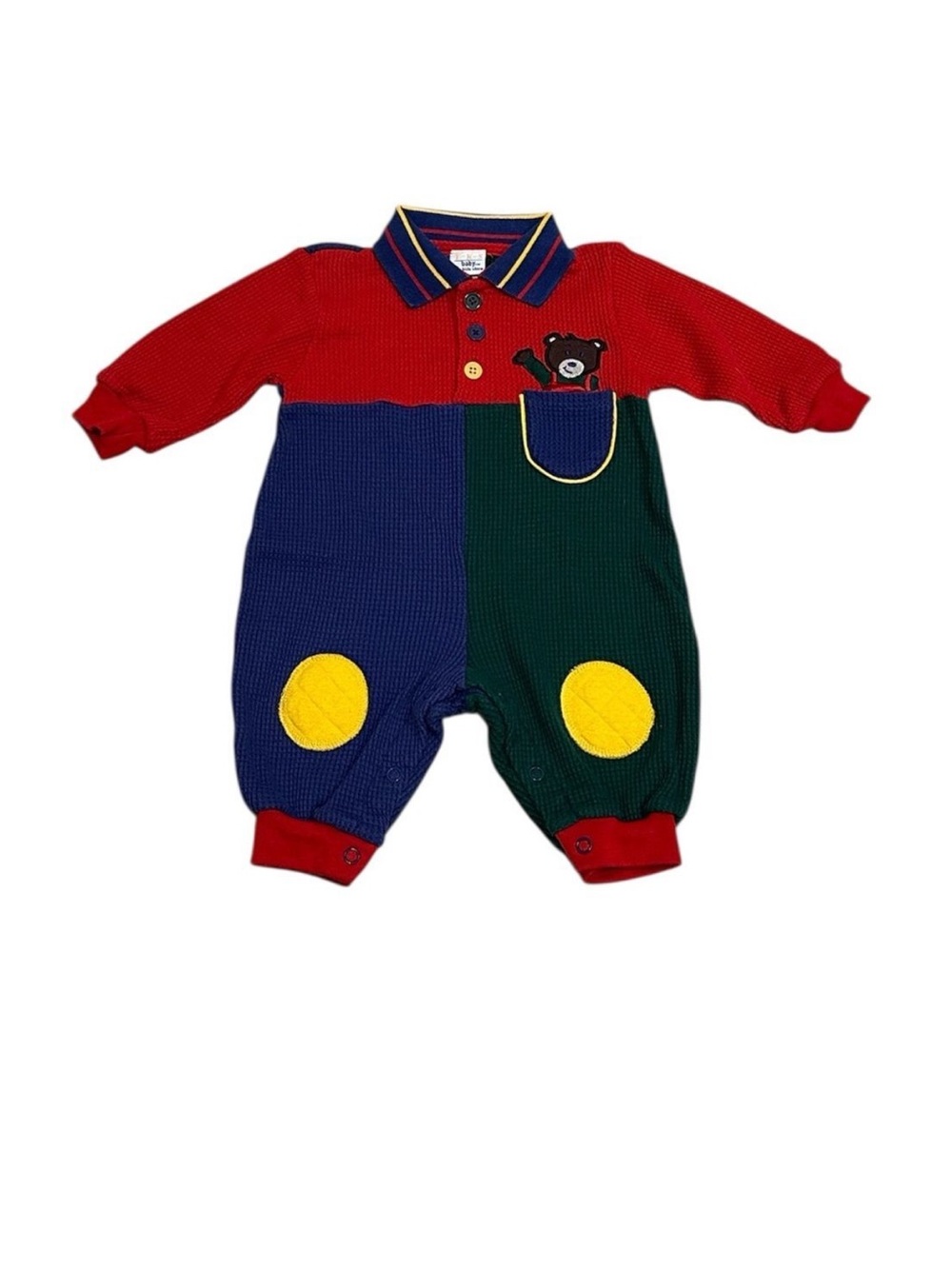 Vintage Baby Romper Waffle Knit Color Block Long Sleeve 6-9M Primary Colors